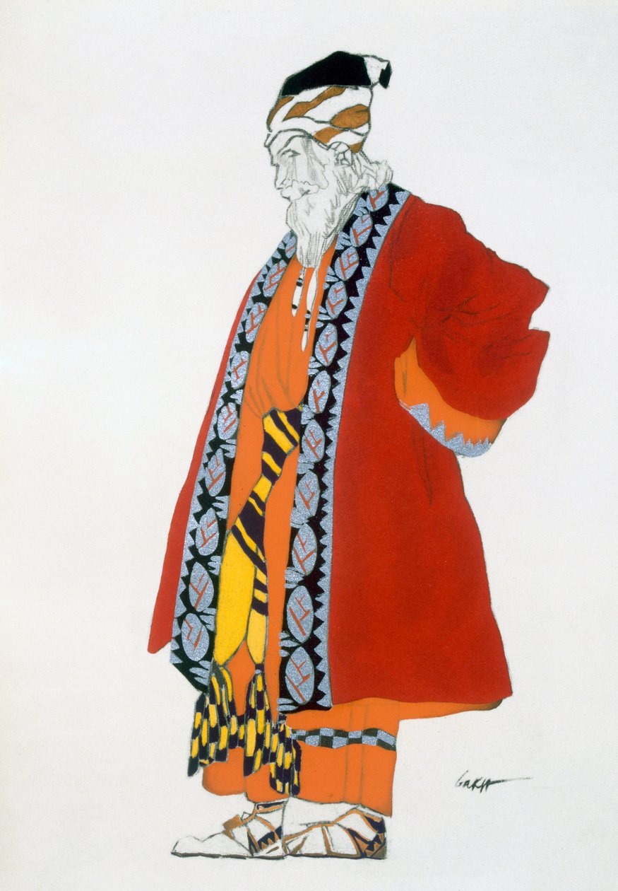 Kostumedesign til en gammel mand i rød frakke af Leon Bakst