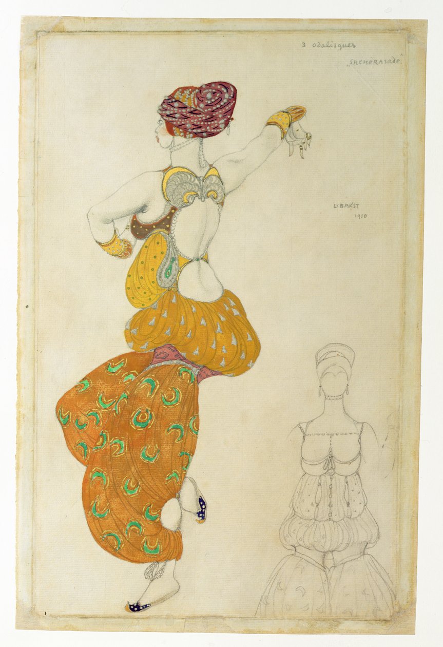 Kostumedesign til en af de tre odalisques for Scheherazade, 1910 (gouache) af Leon Bakst