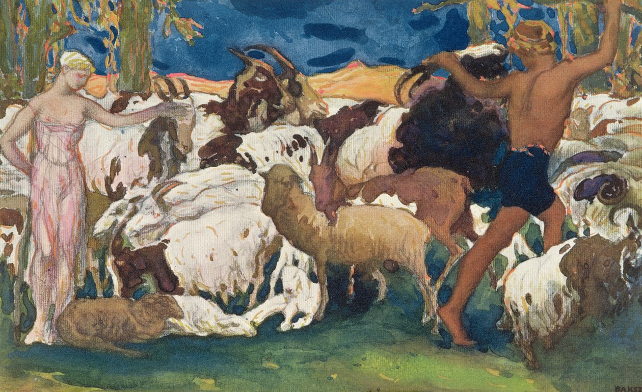 Daphnis og Chloe byder hinanden godnat, design til et dekorativt panel, fra Daphnis og Chloe, ca. 1912 af Leon Bakst