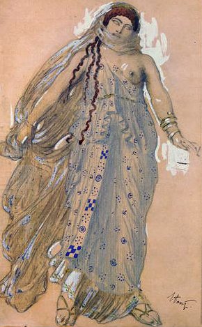 Phaedra, kostumedesign til Euripides-dramaet Hippolytos, 1902 (wc & olie på pap) af Leon Bakst