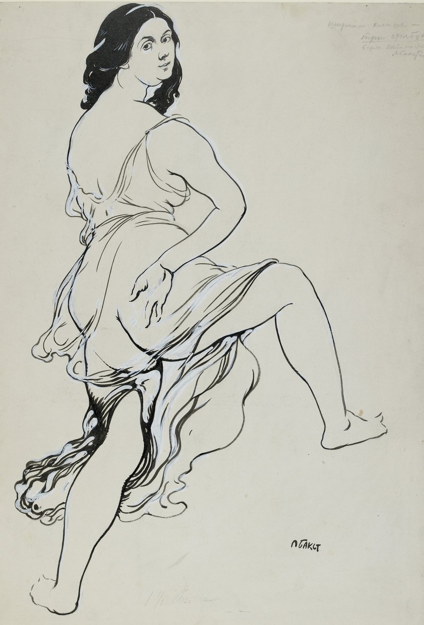 Portræt af Isadora Duncan, der danser (pensel og indisk blæk over spor af grafit, korrigeret i hvid kropsfarve på råhvidt papir med fin tekstur) af Leon Bakst