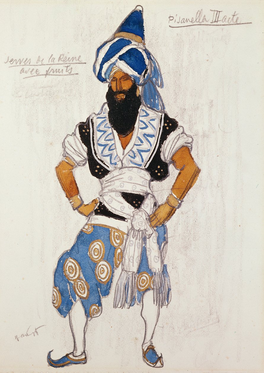 Dronningens tjenerkostumedesign til "Pisanella", 1913 af Leon Bakst