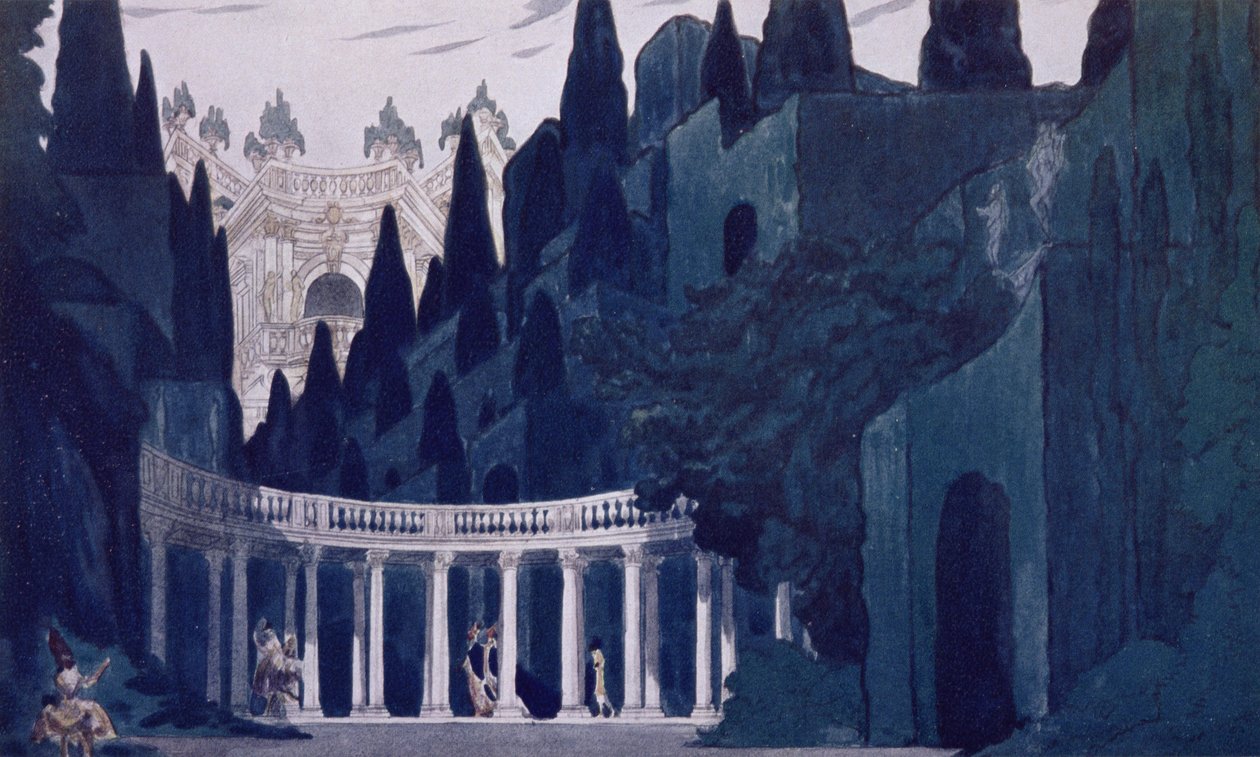 Landskabsdesign til Royal Garden, fra Tornerose, 1921 af Leon Bakst
