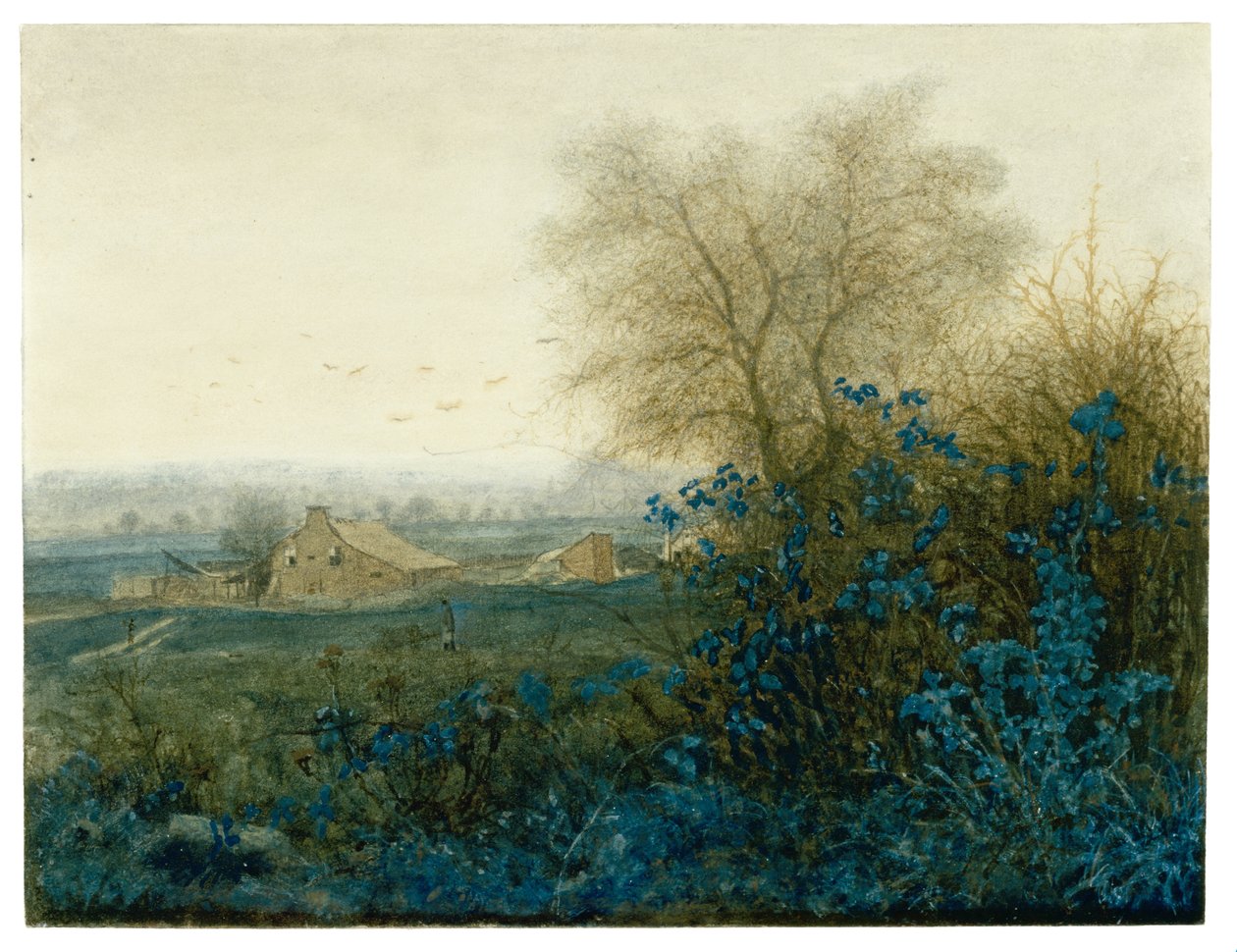 Landskab med et bondehus og en bonde, der triller en barv, 1865 (wc forhøjet med gouache, pen og sepia-tonet blæk over grafit med stump på papir) af Léon Bonvin