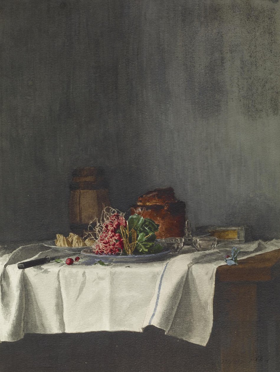 Stilleben med radiser og pate, 1864 (pen og blæk, blyant og wc på papir) af Léon Bonvin