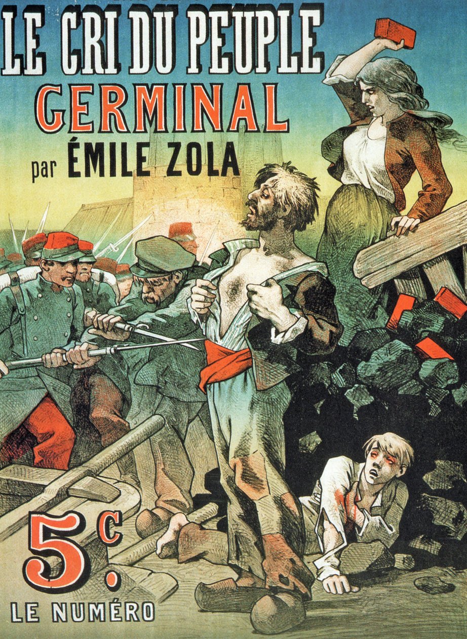 Plakat, der reklamerer for udgivelsen af "Germinal" af Emile Zola (1840-1902) i "Le Cri du Peuple af Leon Choubrac