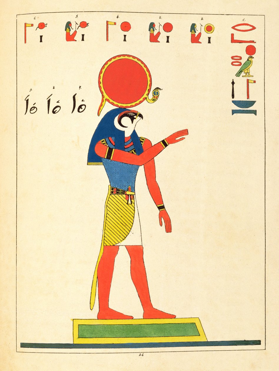Guden Re, illustration fra Egyptian Pantheon: samling af mytologiske karakterer fra det gamle Egypten af ​​Jean-Francois Champollion, udgivet 1823-25 af Leon Jean Joseph Dubois