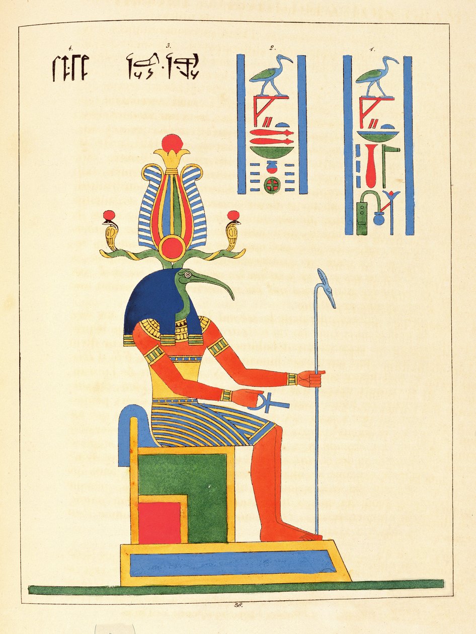 Guden Thoth, illustration fra Egyptian Pantheon: samling af mytologiske karakterer fra det gamle Egypten af ​​Jean-Francois Champollion, udgivet 1823-25 af Leon Jean Joseph Dubois