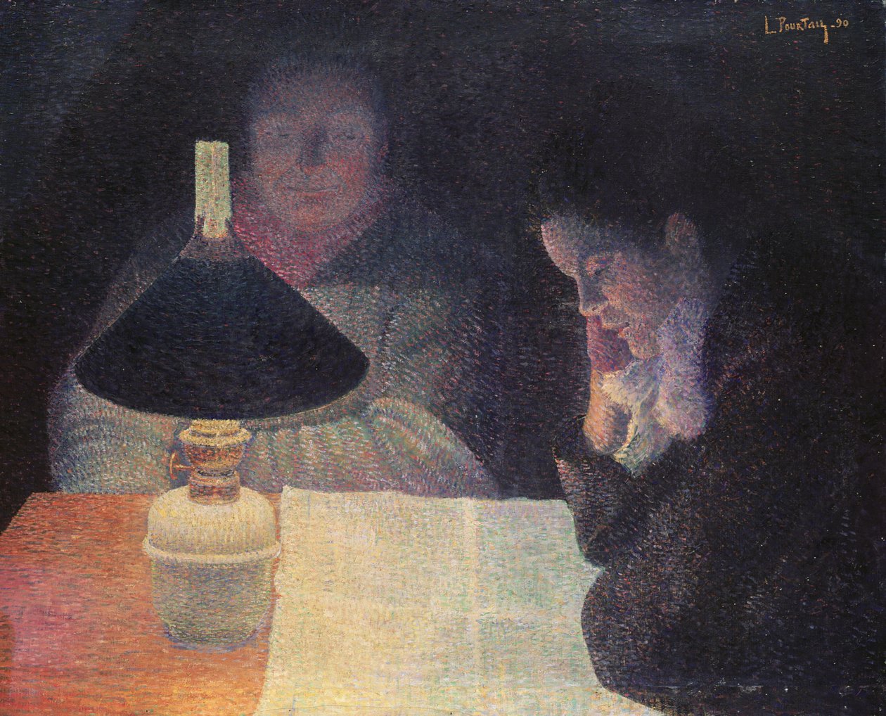 Læsning under lampen, 1890 af Leon Pourtau
