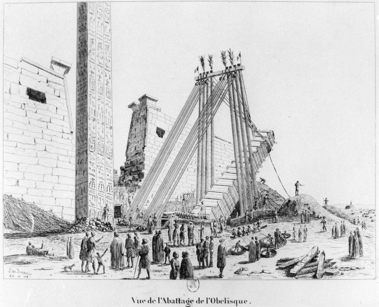 Trækker obelisken ned fra Luxor-templet, fra Campagne Pittoresque de Luxor, 1835 af Leon de Joannis