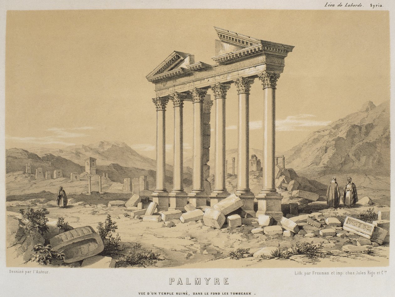 Udsigt over et ødelagt tempel, Palmyra, Syrien, illustration fra 