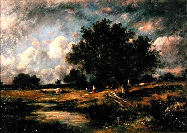 Landskab med køer og figurer (olie på lærred) af Leon Victor Dupre