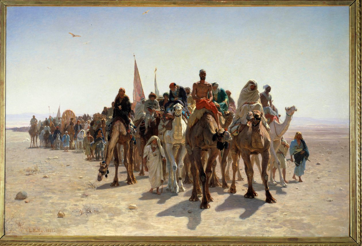 Pelerins tager til Mekka Carvane fra rejsende på kameler i ørkenen. Maleri af Leon Auguste Adolphe Belly (1827-1877) 1861 søn. 1,6x2,4 m Paris, musee d