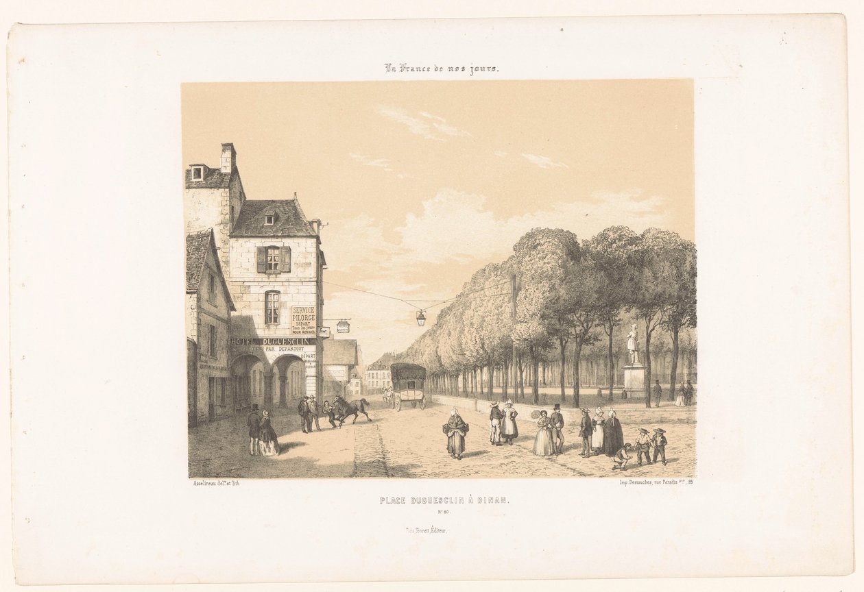 Tog til Place Du Guesclin i Dinan Place Duguesclin à Dinan (titel på objekt) Dagens Frankrig (serietitel) La France de nos jours (serietitel på objekt) af Leon Auguste Asselineau