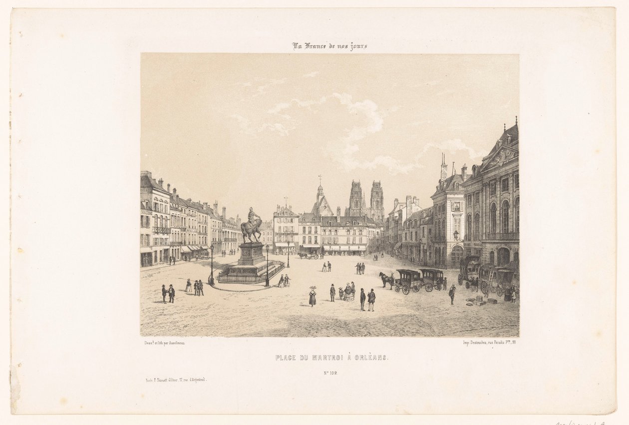 Udsigt over Place du Martroi i Orléans Place du Martroi à Orleans (titel på objekt) Contemporary France (serietitel) La France de nos jours (serietitel på objekt) af Leon Auguste Asselineau