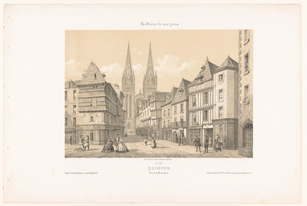 Udsigt over Rue Kéréon og katedralen i Quimper Quimper. Vue de la rue Kerion (titel på objekt) Contemporary France (serietitel) La France de nos jours (serietitel på objekt) af Leon Auguste Asselineau
