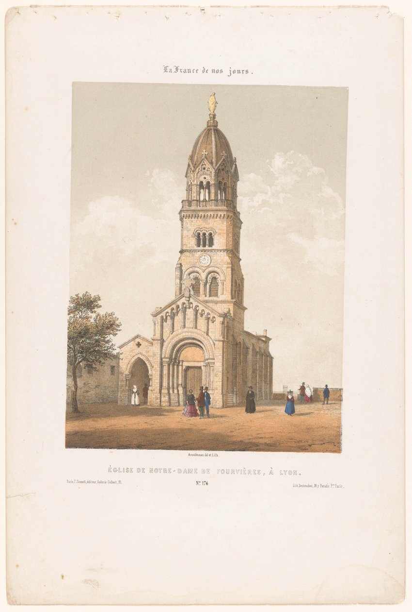Zicht op de basilica Notre-Dame de Fourvière i Lyon Kirken Notre-Dame de Fourvières i Lyon (titel på objektet) Hedendaags Frankrijk (serietitel) Frankrig i dag (serietitel på objekt) af Leon Auguste Asselineau