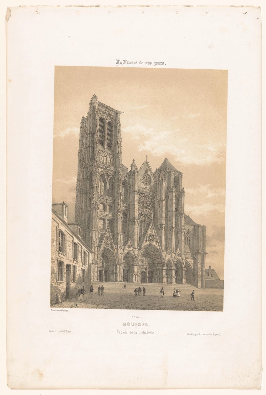 Udsigt over facaden af ​​katedralen i Bourges Bourges. Facade de la cathédrale (titel på objekt) Contemporary France (serietitel) La France de nos jours (serietitel på objekt) af Leon Auguste Asselineau