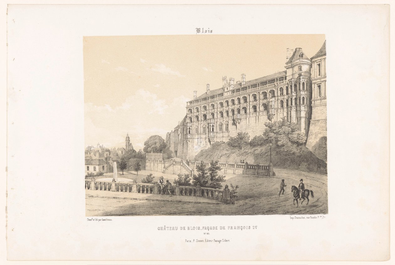 Udsigt over facaden af ​​kong Frans I af slottet Blois blois. Château de Blois, facade af François Ier. (titel på objekt) Contemporary France (serietitel) La France de nos jours (serietitel) af Leon Auguste Asselineau