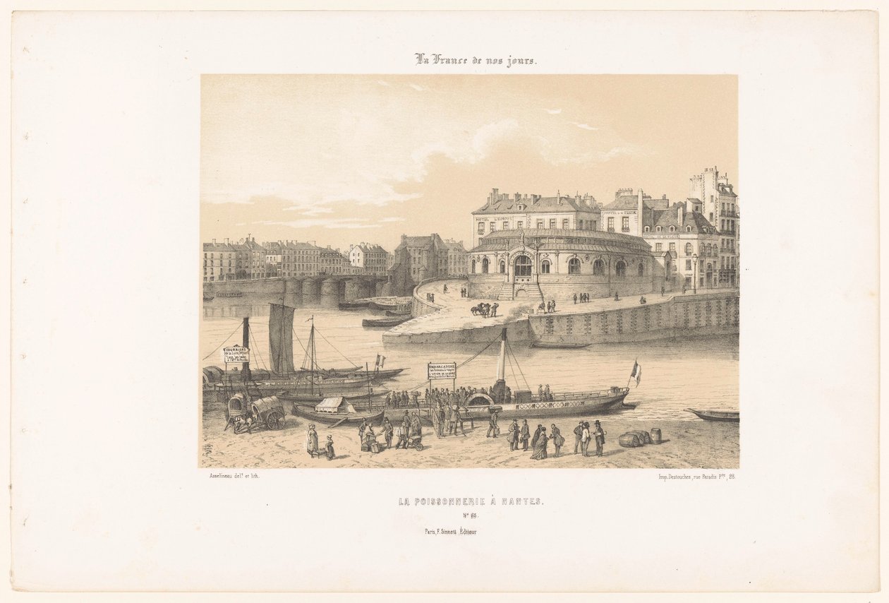 Udsigt til fiskehallen i Nantes fra anløbsbroen La poissonnerie à Nantes (titel på objekt) Contemporary France (serietitel) La France de nos jours (serietitel på objekt) af Leon Auguste Asselineau