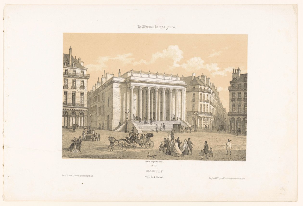 Udsigt over Théâtre Graslin i Nantes Nantes. Vue du theater (titel på objekt) Contemporary France (serietitel) La France de nos jours (serietitel på objekt) af Leon Auguste Asselineau