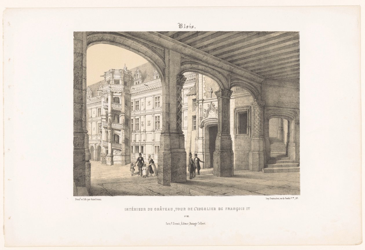 Udsigt over det indre af slottet Blois med det ottekantede trappetårn af kong Frans I blois. Intérieur du château, tour de l