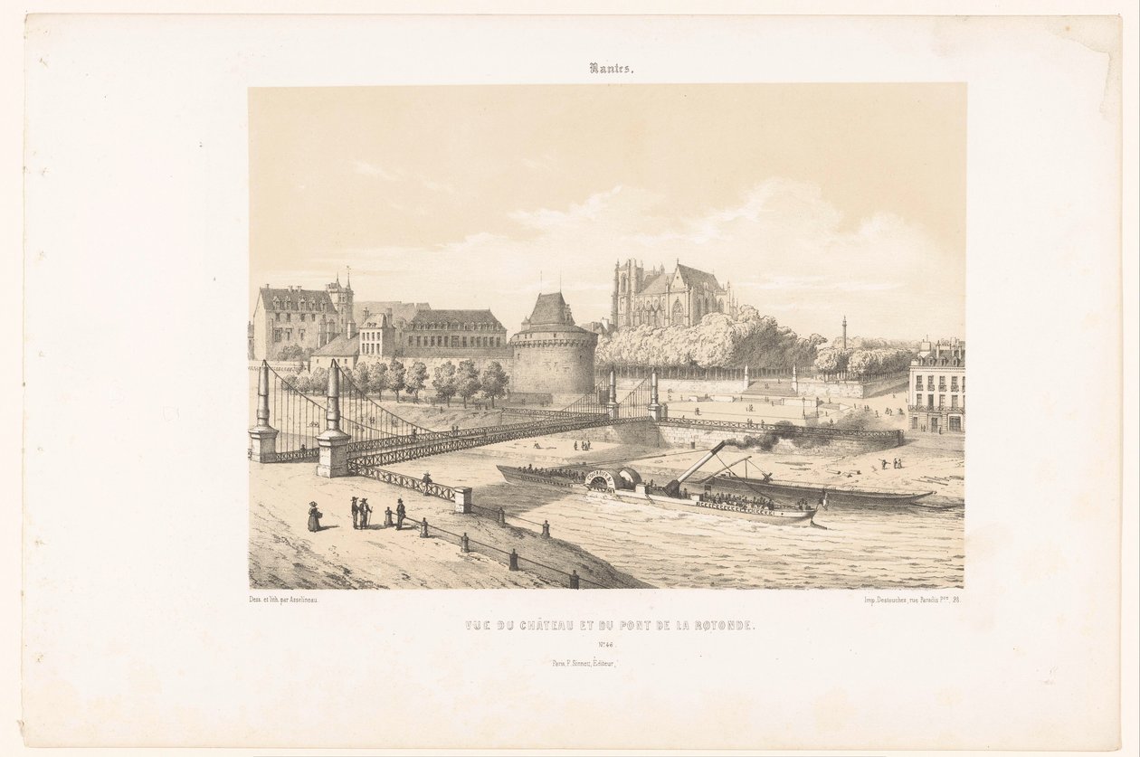 Udsigt over slottet og Pont de la Rotonde over Loire i Nantes Nantes. Vue du chateau et du pont de la Rotonde (titel på objekt) Contemporary France (serietitel) La France de nos jours (serietitel) af Leon Auguste Asselineau