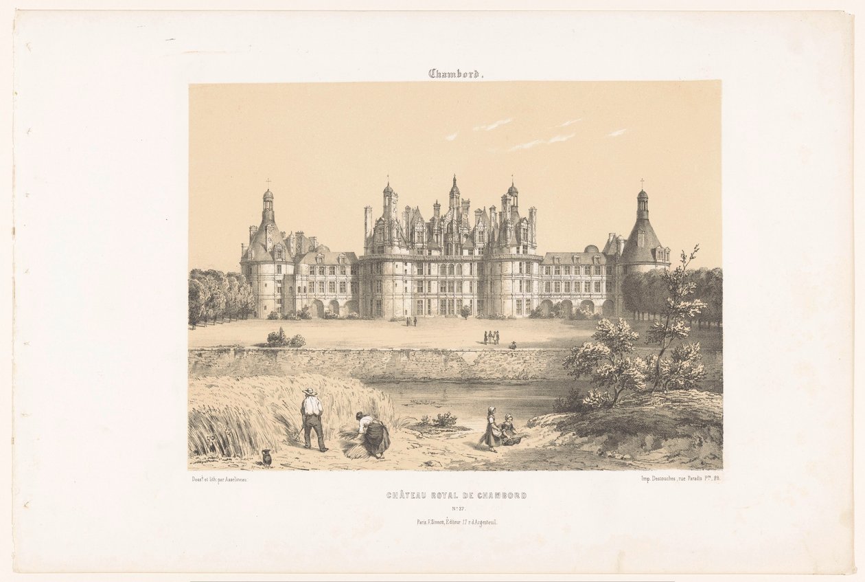 Udsigt over Château de Chambord på Loire Chambord. Château Royal de Chambord (titel på objekt) Contemporary France (serietitel) La France de nos jours (serietitel) af Leon Auguste Asselineau