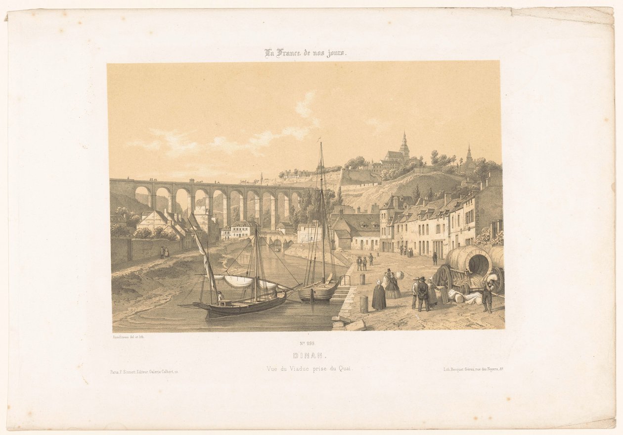 Udsigt over viadukten af ​​Dinan fra kajen Dinan. Vue du viaduc prize du quai (titel på objekt) Contemporary France (serietitel) La France de nos jours (serietitel på objekt) af Leon Auguste Asselineau