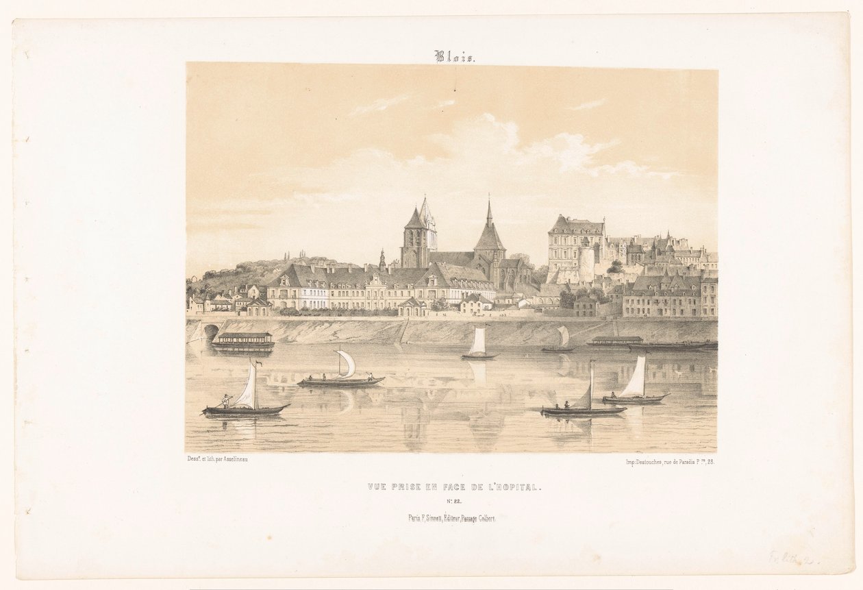 Udsigt over hospitalet i Blois fra den anden side af Loire blois. Vue prize en face de l