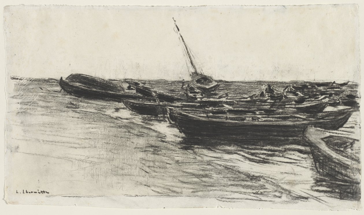 Fiskerbåde på stranden ved Étretat af Leon Augustin Lhermitte