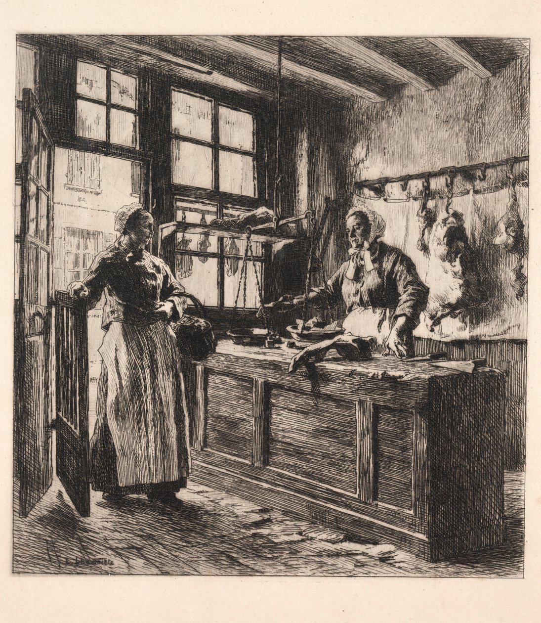 Interiør af en slagterbutik. af Leon Augustin Lhermitte