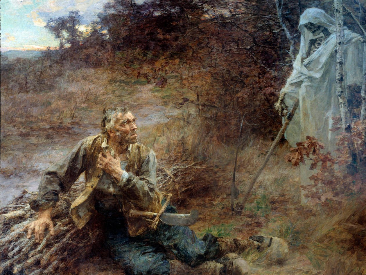 Døden og skovmanden Illustration til fabel af Jean de La Fontaine (1621-1695) Maleri af Leon Augustin Lhermitte (1844-1925) 1893, 2,06 x 2,42 m Chateau Thierry, museum La Fontaine - Døden og skovhuggeren. Illustration til fabelen om Jean de La af Leon Augustin Lhermitte