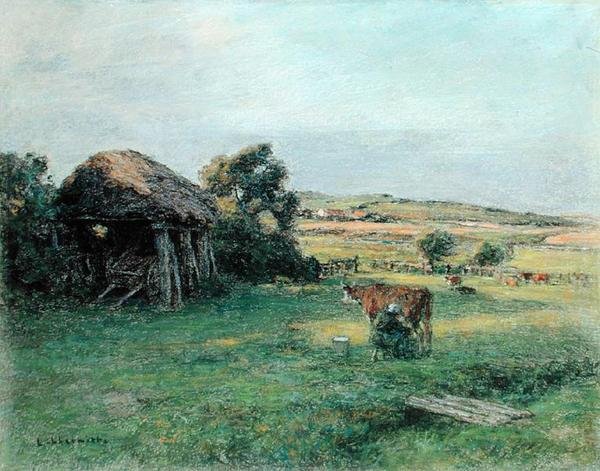 Landskab med en bondekvinde, der malker en ko, midten af 1880