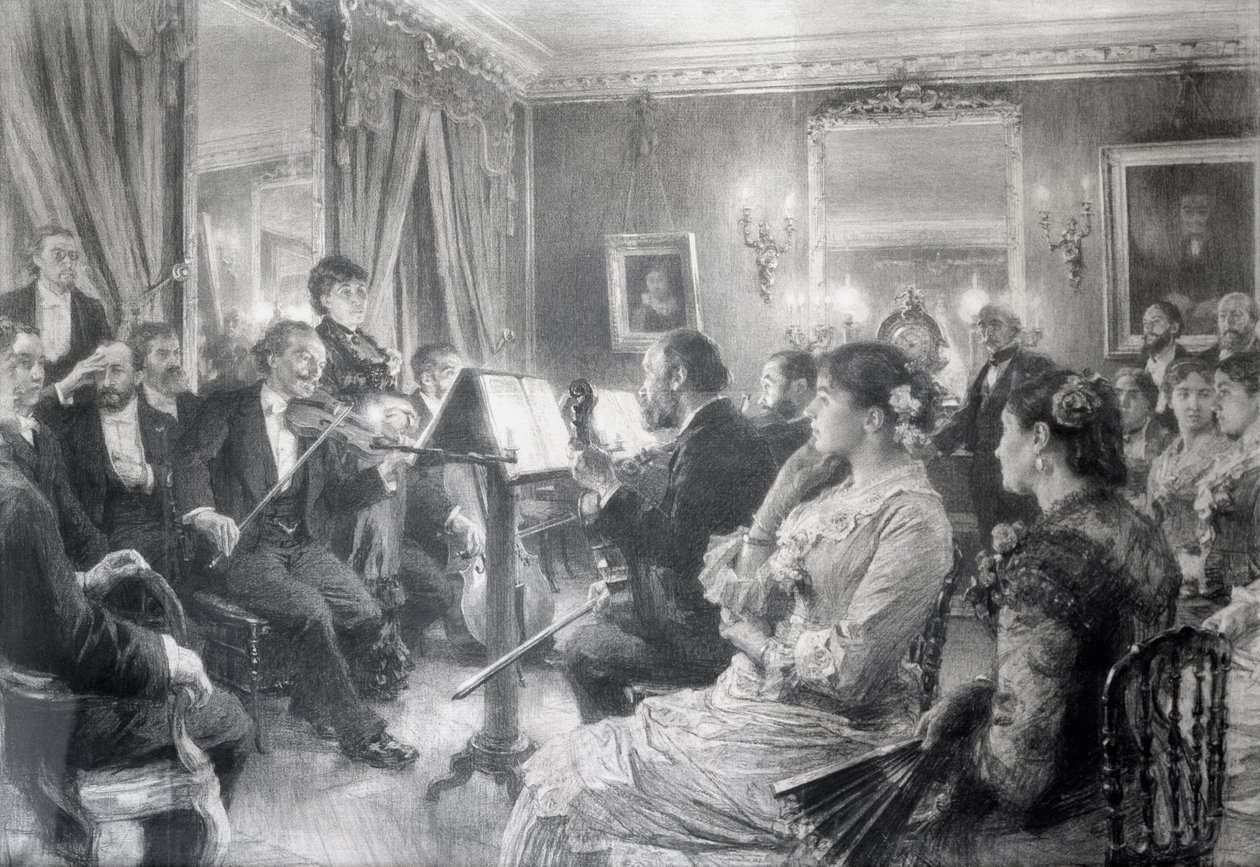 Kvartetten eller den musikalske aften i huset til Amaury Duval, 1881 (kul på papir) af Leon Augustin Lhermitte