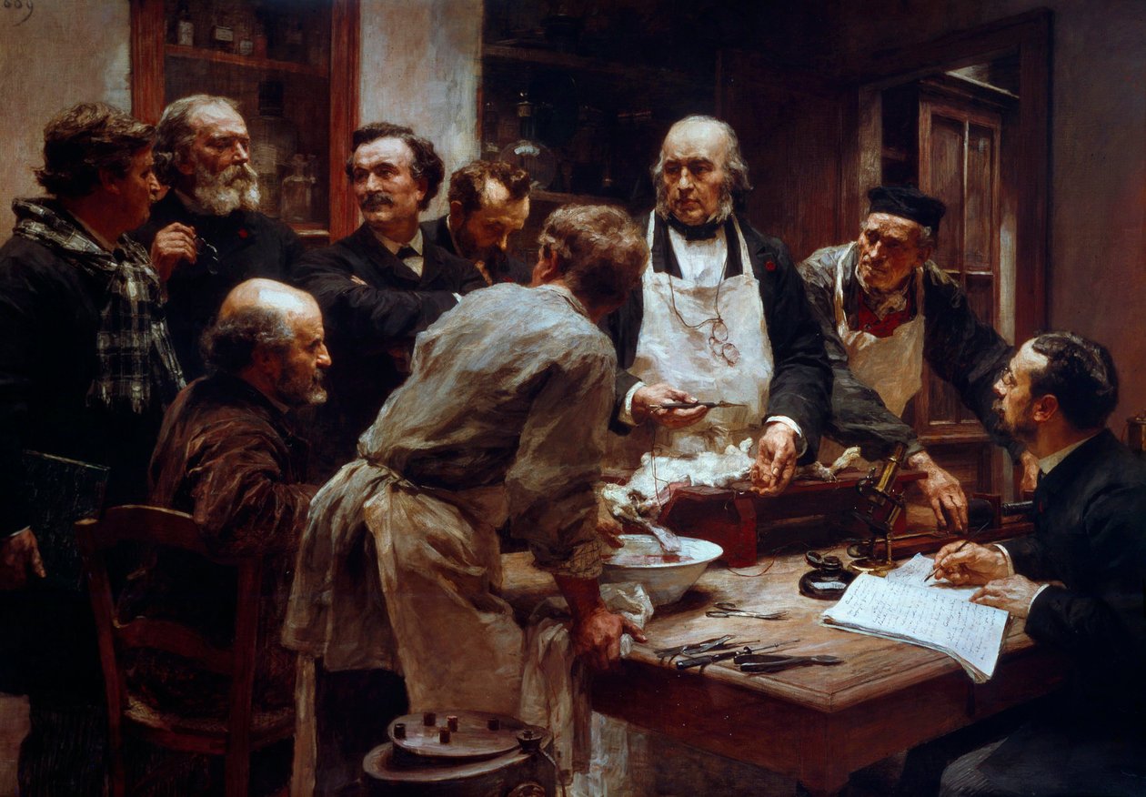 Dissektionskurset af lægen Claude Bernard (1813-1878) (med forklædet) i nærværelse af hans elever Paul Bert (1833-1886) og Arsonvals Arsene (1851-1940) maleri af Leon Augustin Lhermitte (1844-1925) 19. århundrede Paris, Videnskabsakademiet af Leon Augustin Lhermitte