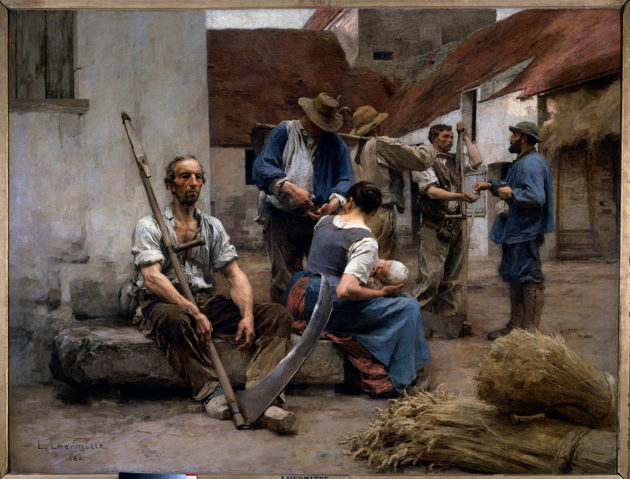 Lønningslisten for bondehøstere i en gård, en af dem har en falsk. Maleri af Leon Augustin Lhermitte (1844-1925) 1882 søn. 2,15x2,72 m Paris, musee d