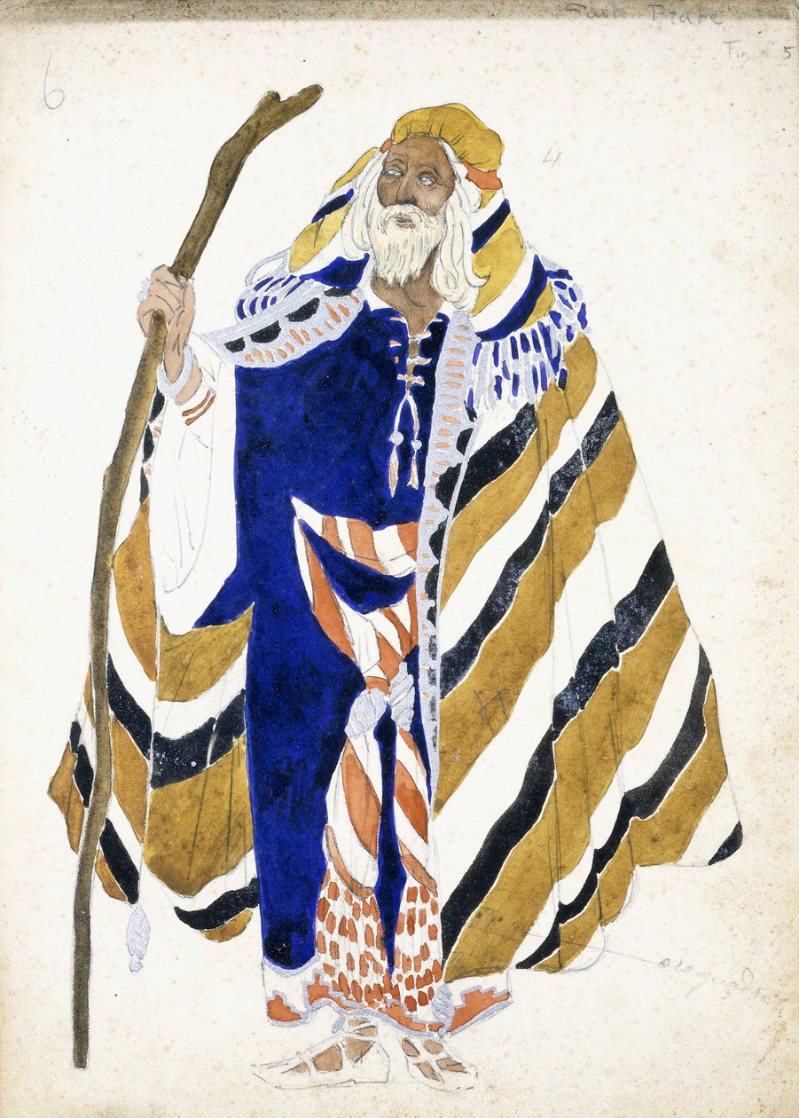Et kostumedesign til en danser i Suite Arabe, der forestiller en ældre mand, der holder en stav, af Leon Bakst