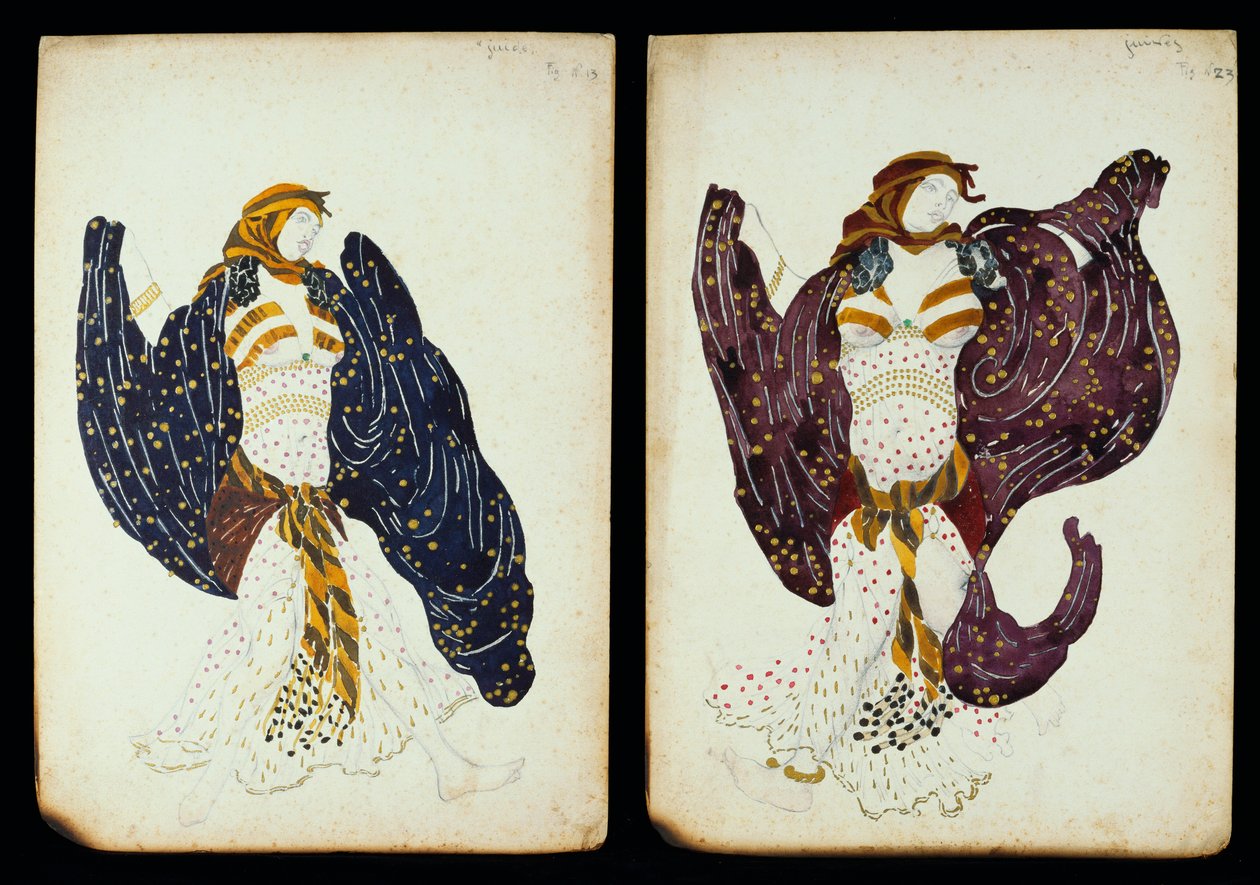 Et par kostumedesigns til kvindelige dansere fra "Juive" af Leon Bakst