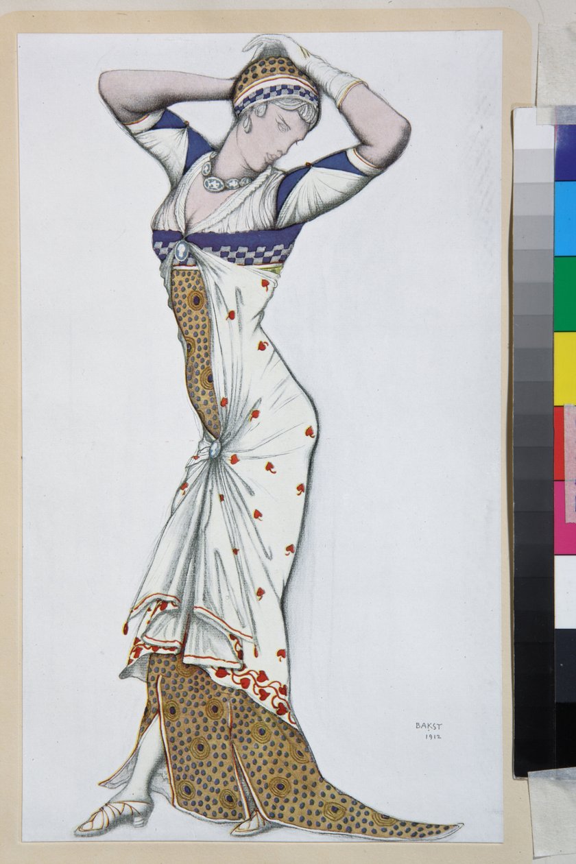 Design af en moderne kjole - Arbejde af Leon Bakst (1866-1924), litografi omkring 1910 - (Design af en moderne kjole, farvelitografi af Leon Bakst af Leon Bakst