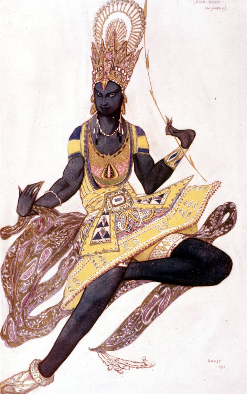 Kostume af Vaslav Nijinsky eller Nijinsky (1889-1950) skabt af Leo Bakst til "Den blå gud" af Reynaldo Hahn (1875 - 1947) af Leon Bakst