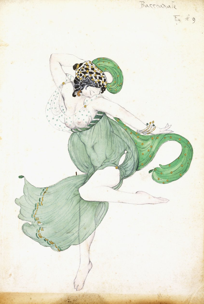 Kostumedesign til "Bacchanale", solistballerina, af Leon Bakst