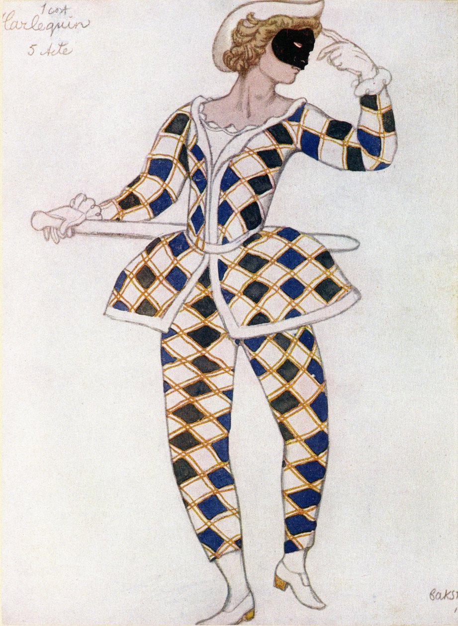 Kostumedesign til Harlequin, fra Tornerose, 1921 af Leon Bakst