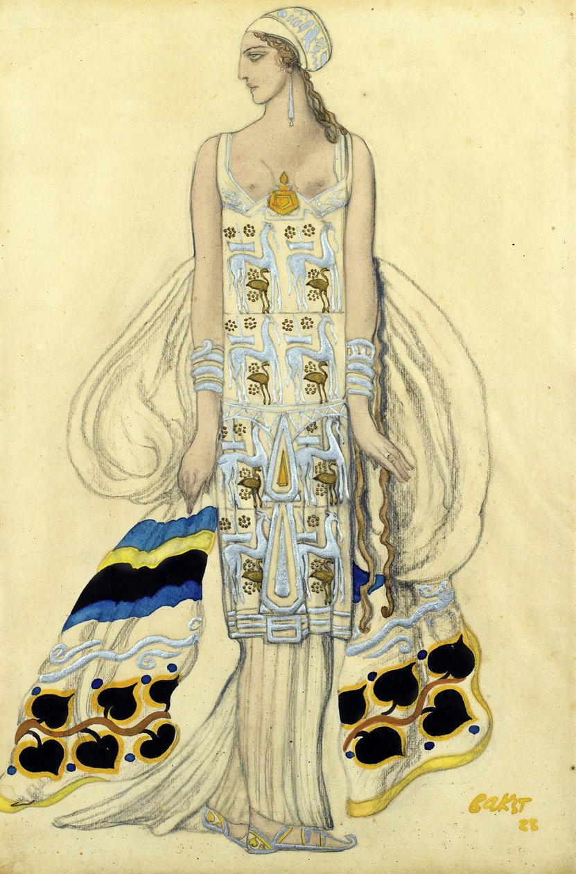 Kostumedesign til Ida Rubinstein i dramaet Phaedra (Phedre) af Jean Racine - Bakst, Leon (1866-1924) - 1923 - Gouache og blæk på papir - 48x32 - Privat samling af Leon Bakst