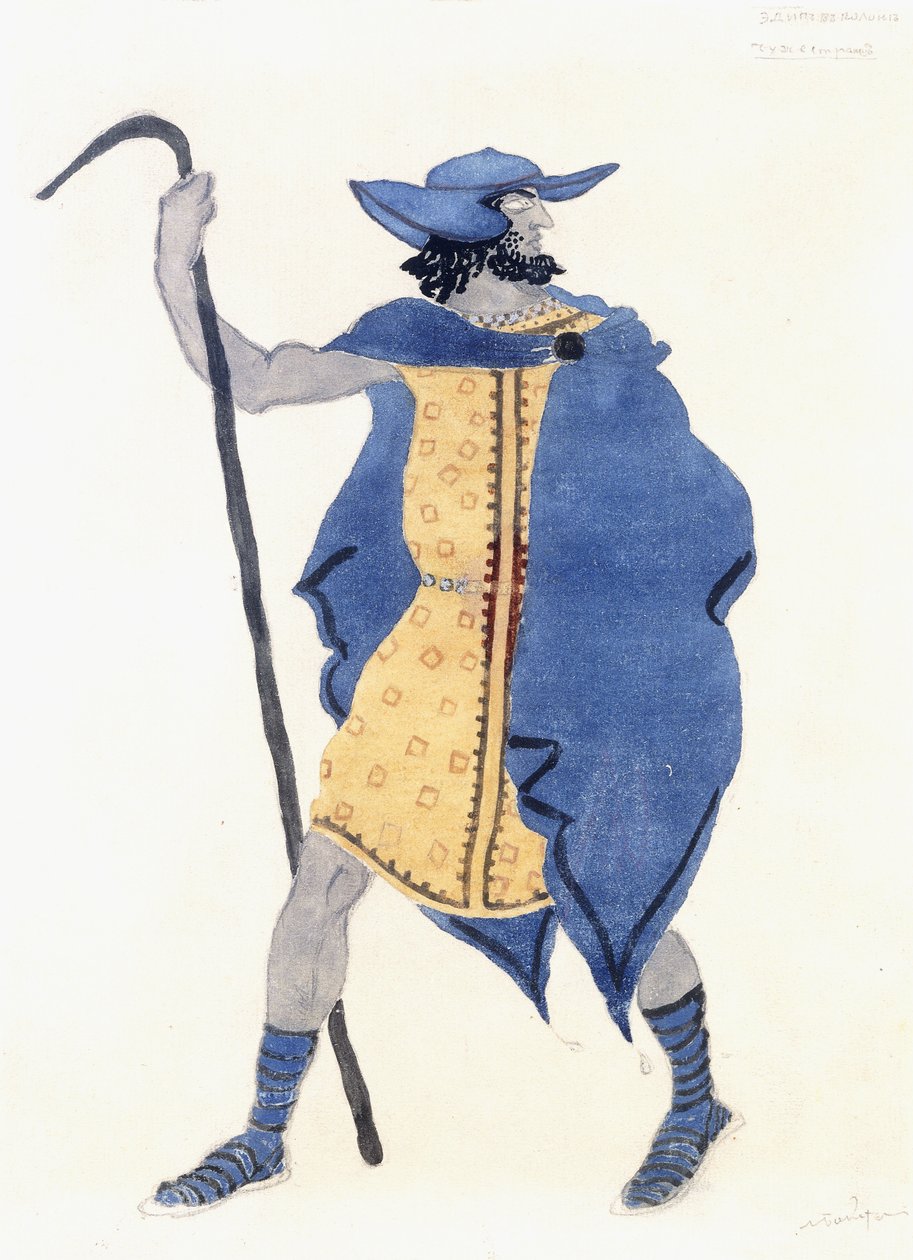 Kostumedesign til Ødipus hos Colonus- den fremmede, ca. 1899-1909 (blyant, med/c & sølvmaling på papir) af Leon Bakst