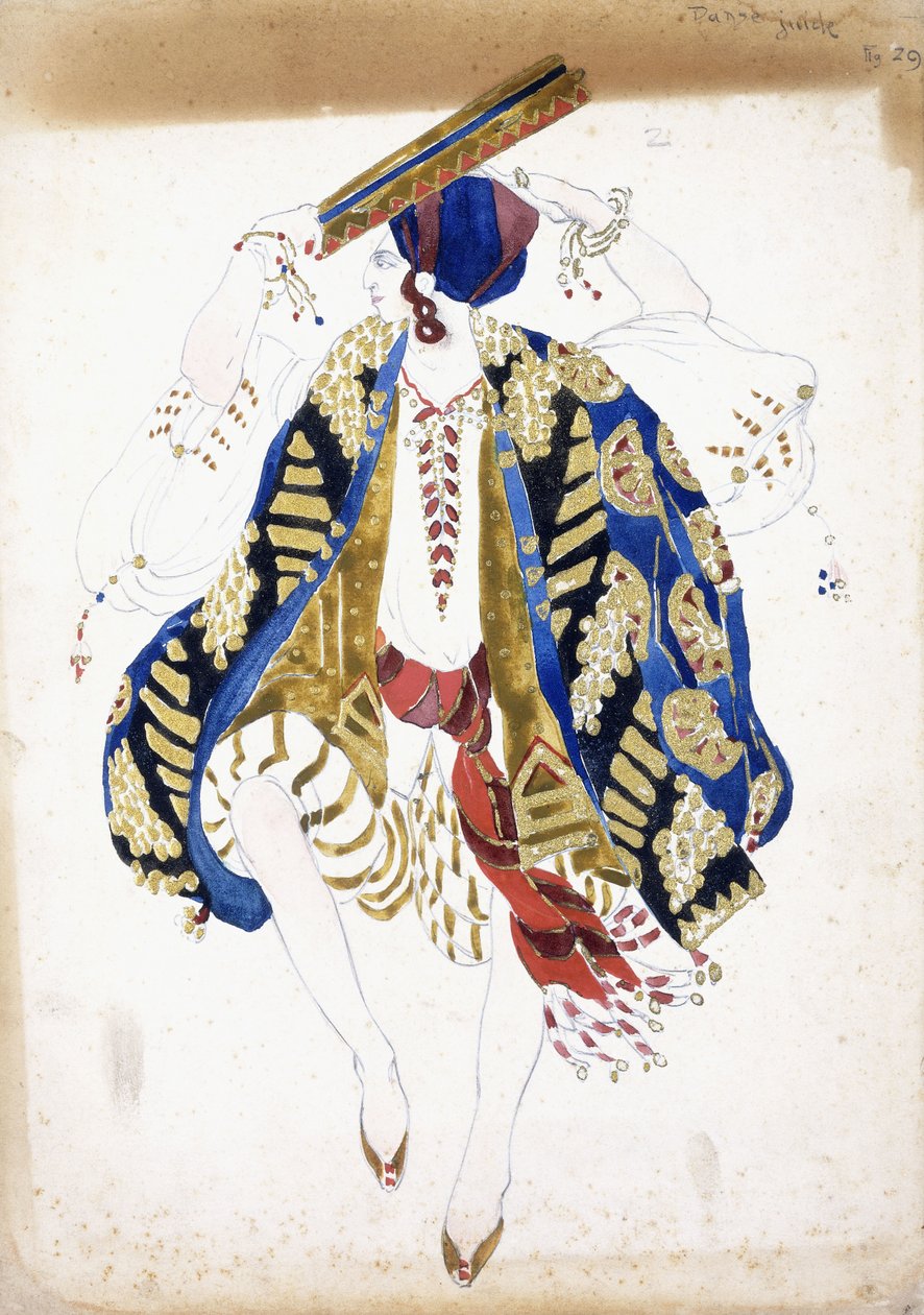 Kostumedesign til en mandlig danser i "Danse Juive", iført trusser og turban, der spiller en tamburin, af Leon Bakst