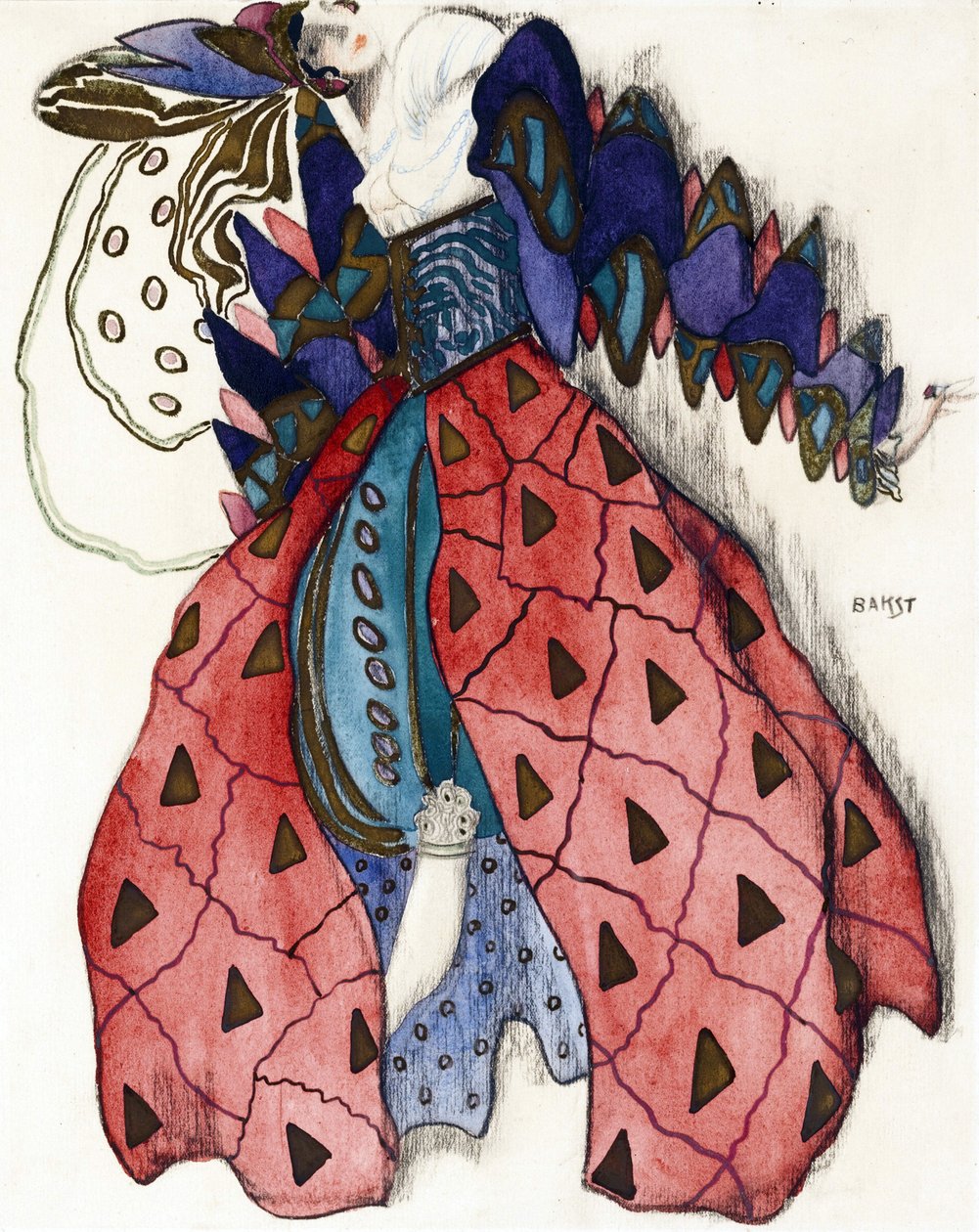 Kostumedesign til balletten ""La Legende de Joseph"" af R. Strauss - Bakst, Leon (1866-1924) - 1914 - Akvarel, Gouache på papir - 33x28 - Privat samling af Leon Bakst
