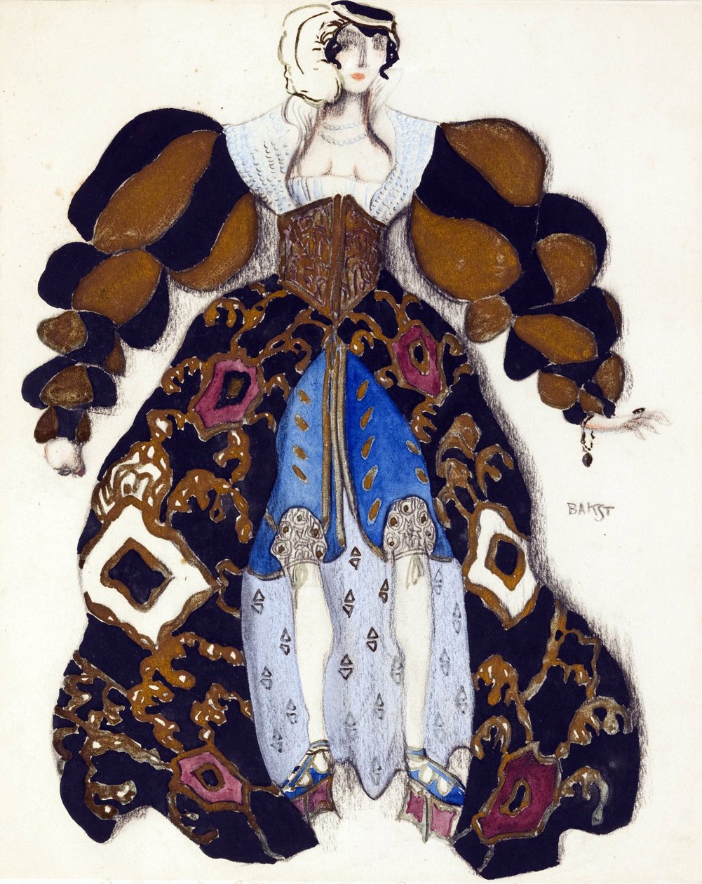 Kostumedesign til balletten ""La Legende de Joseph"" af R. Strauss - Bakst, Leon (1866-1924) - 1914 - Akvarel, Gouache på papir - 33x28 - Privat samling af Leon Bakst
