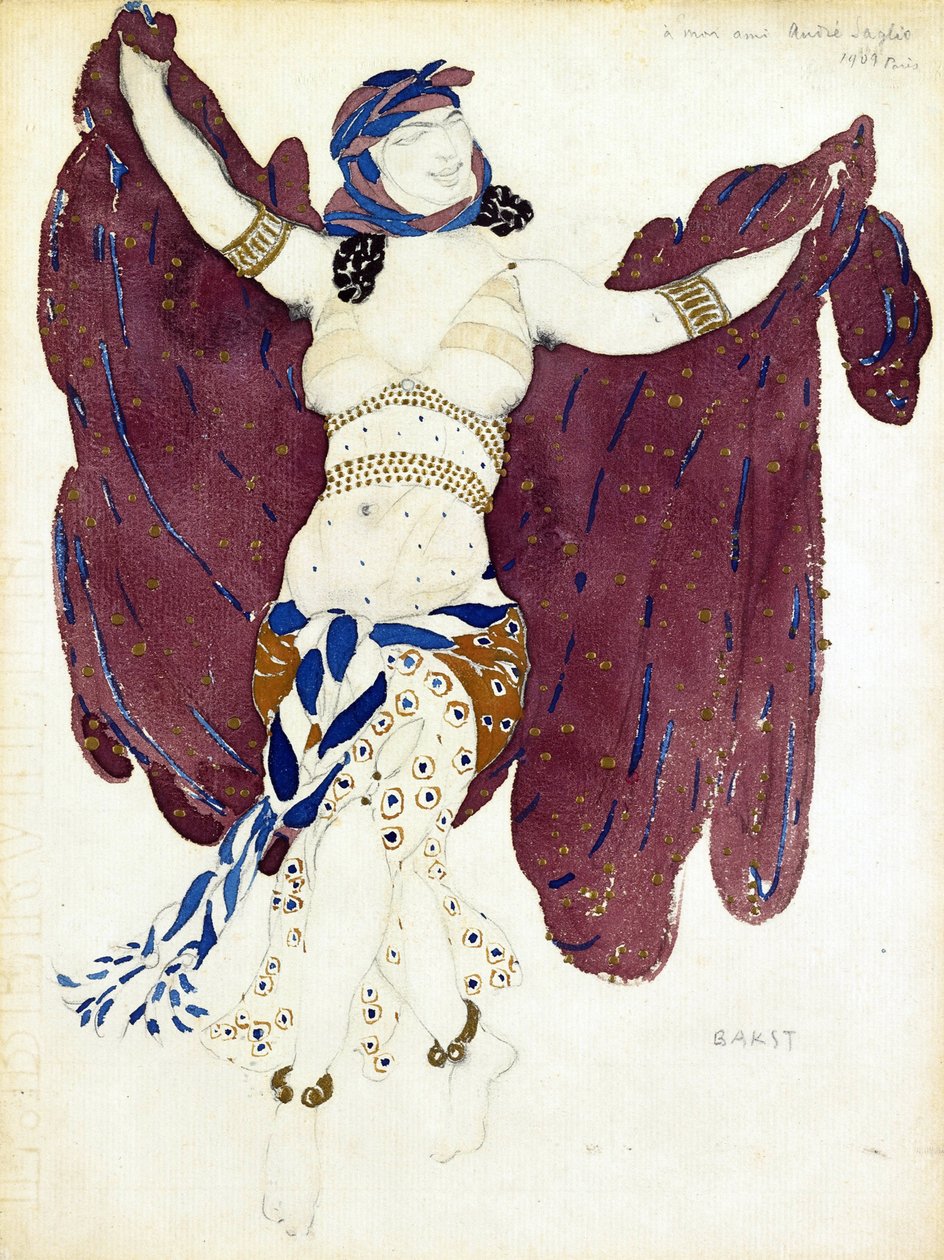 Kostumedesign til balletten Cleopatra af A. Arensky - Bakst, Leon (1866-1924) - 1909 - Akvarel, Gouache på papir - 28x21,5 - Privat samling af Leon Bakst
