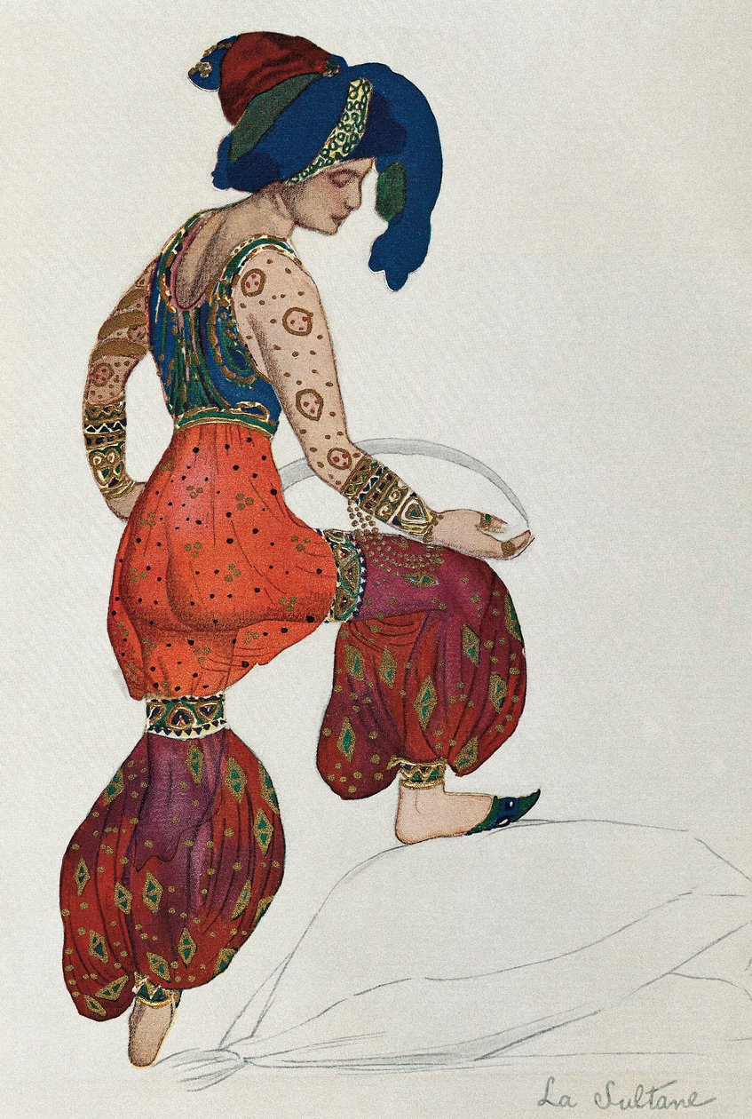 Kostume af Vaslav Nijinsky eller Nijinsky (1889-1950) for karakteren af sultanen i balletten "Sheherazade" 1910 (akvarel på papir) af Leon Bakst